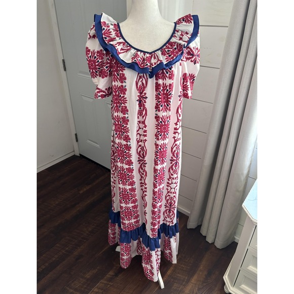 Hilo Hattie Dress Womens 12 White Red Blue Hawaiian Muumuu Maxi Ruffle Made USA - Picture 1 of 8